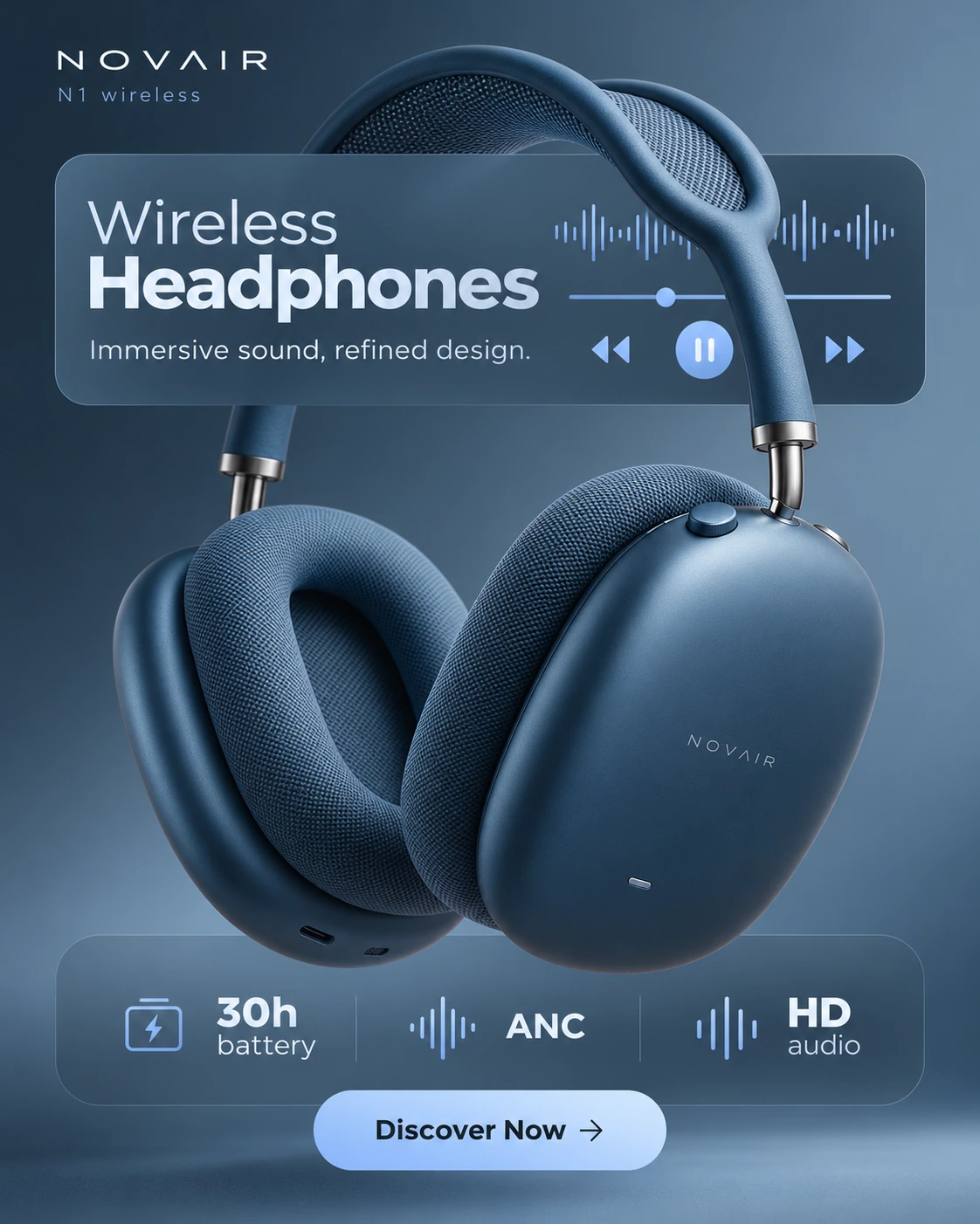 NOVAIR N1 blue wireless headphone campaign hero artwork