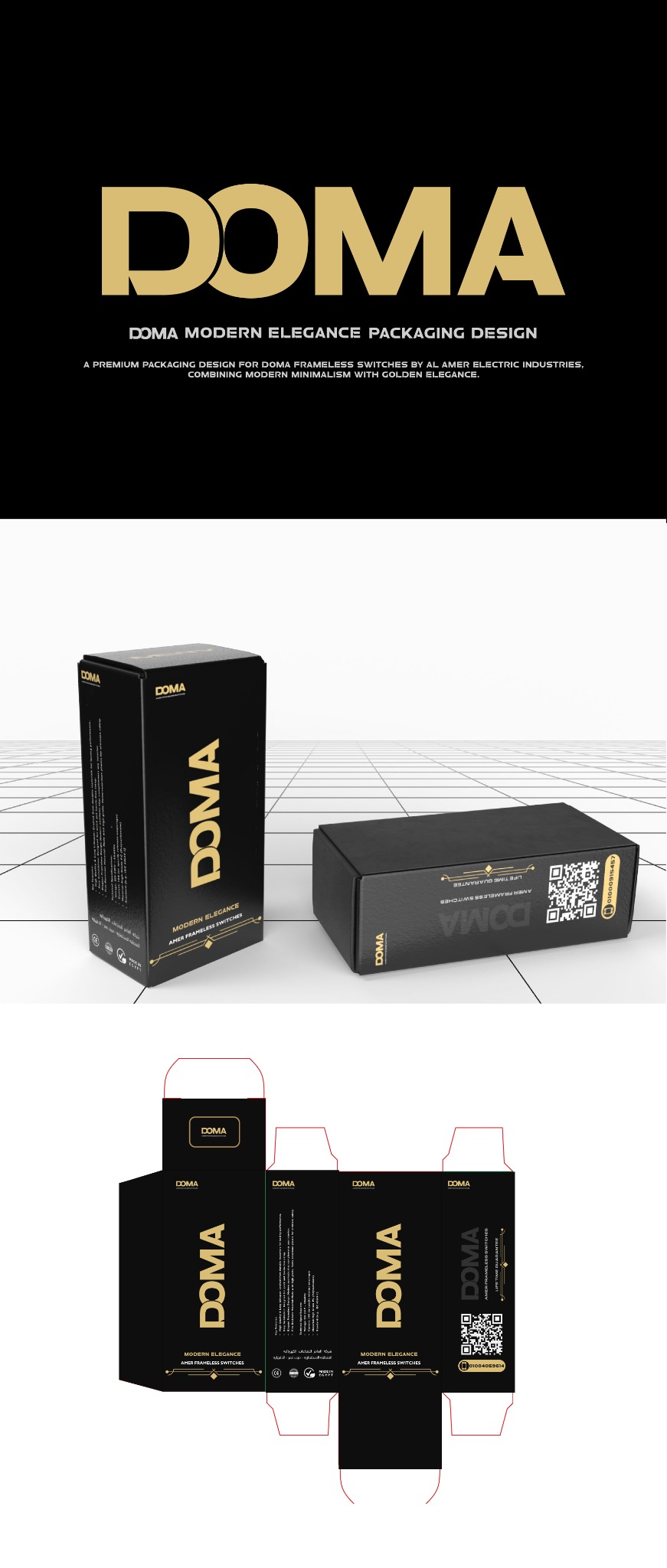 DOMA packaging presentation sheet with large heading and flat packaging layout