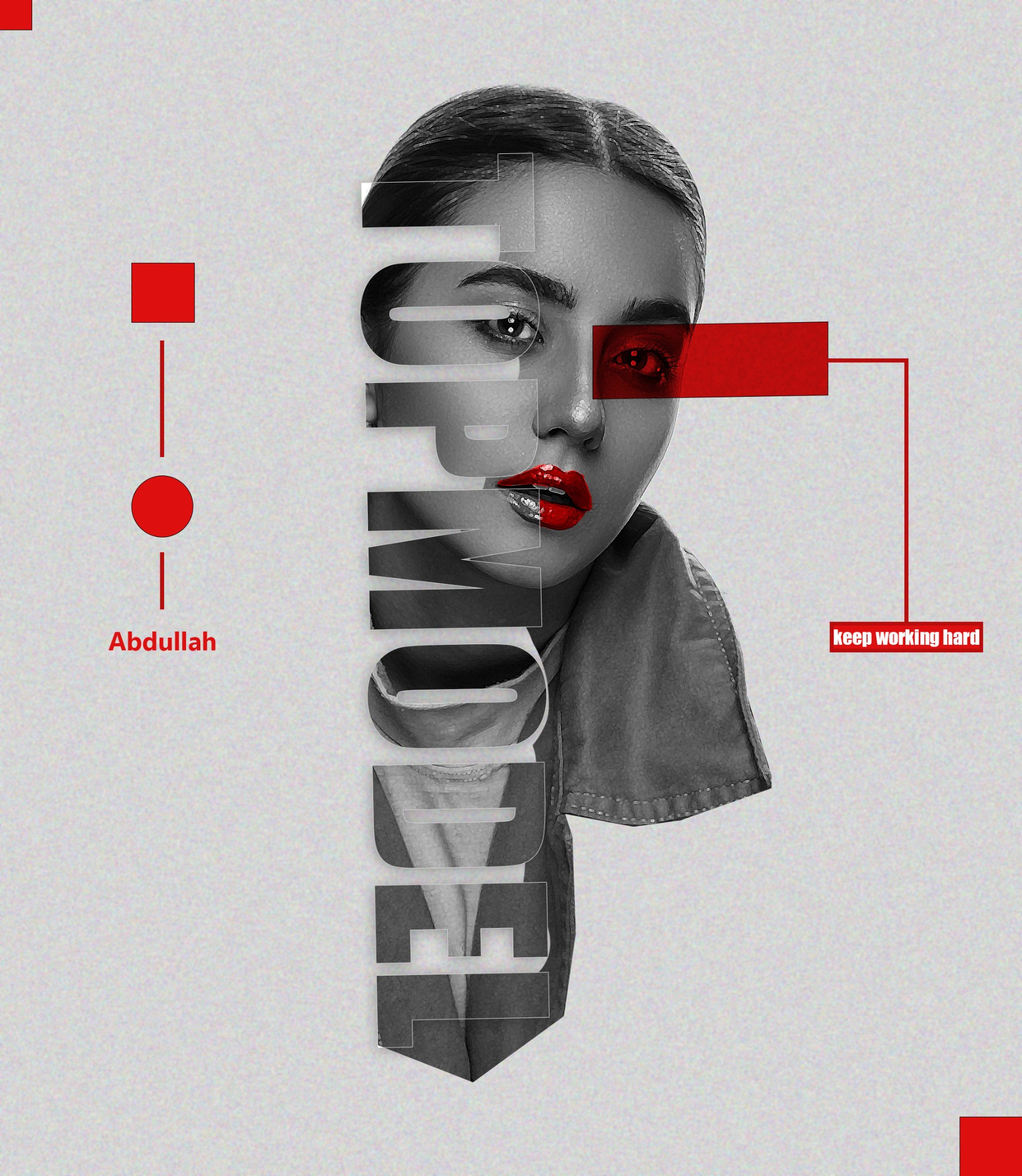 Black and white portrait with typographic overlay and red accents