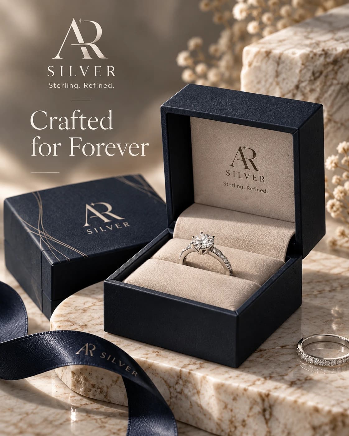 Concept silver ring inside a premium AR Silver jewelry box
