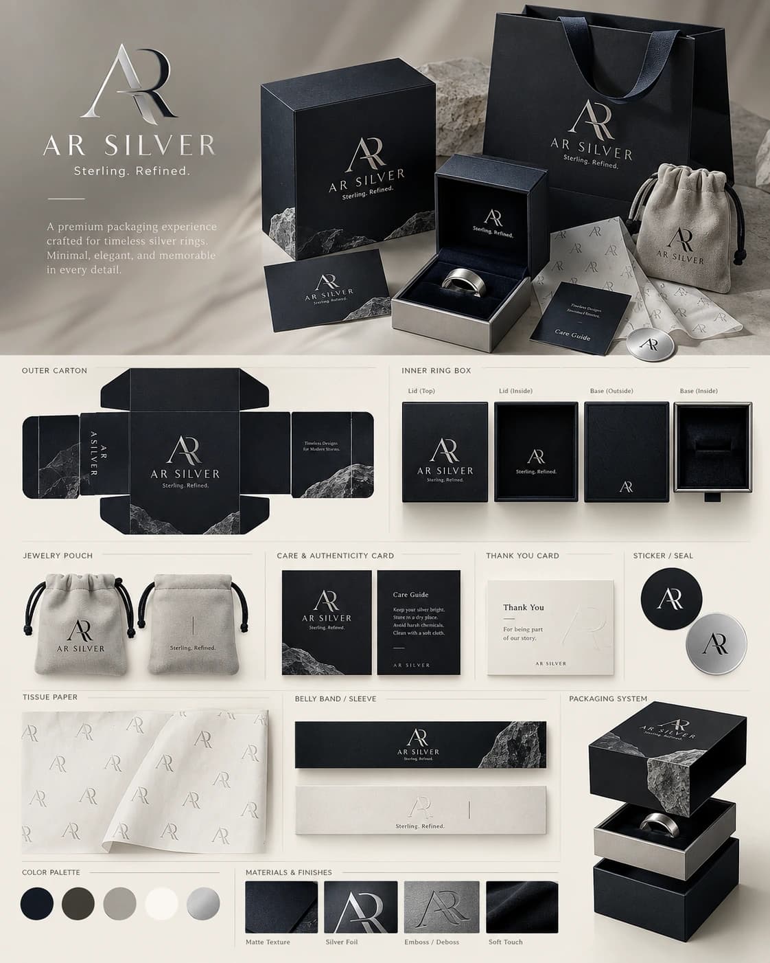 AR Silver concept packaging identity board and imagined flat layouts