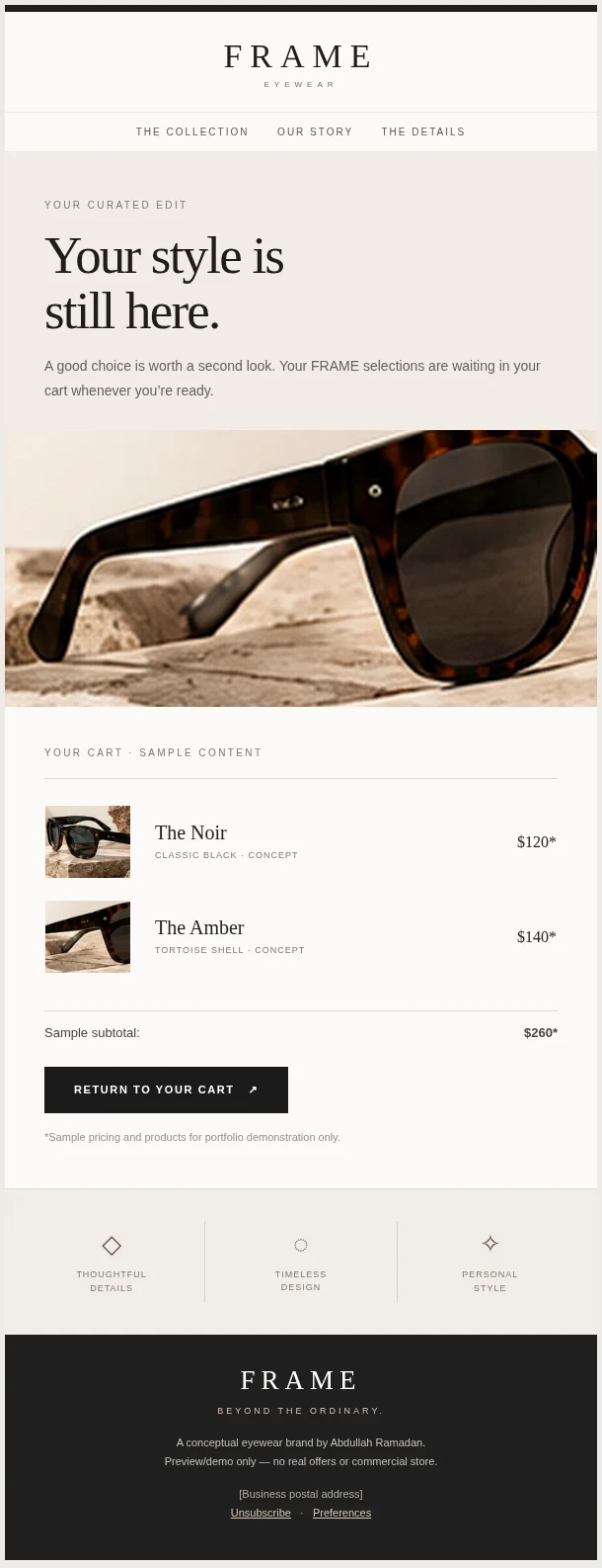 Desktop screenshot of the abandoned-cart HTML email