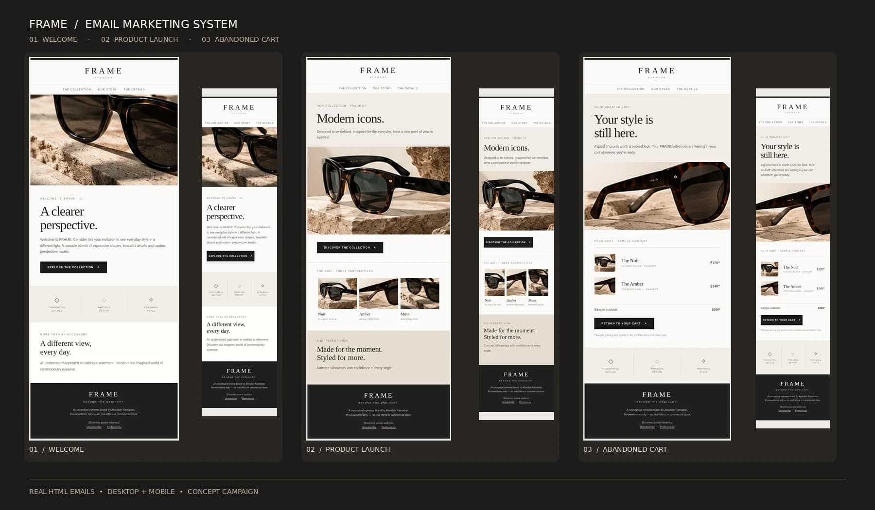 FRAME responsive HTML email design system with three desktop and three mobile layouts