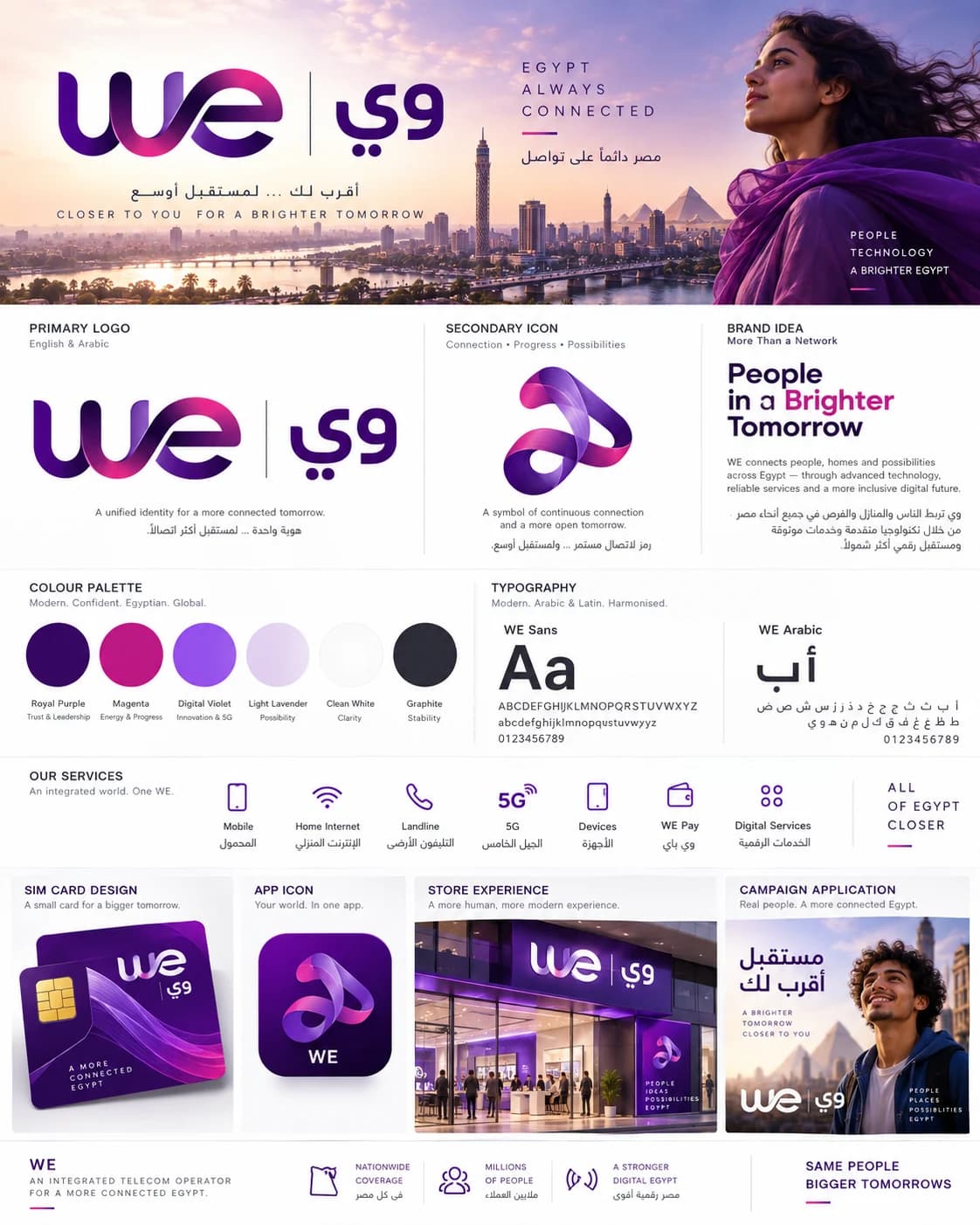 Independent conceptual WE branding board with speculative logo ideas, palette and applications