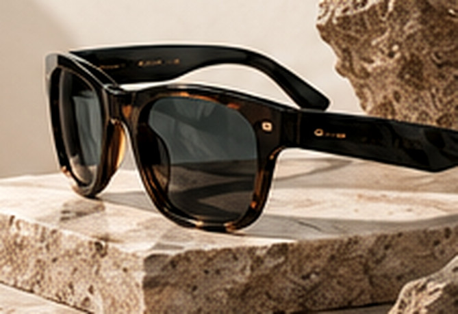 Black rectangular sunglasses styled with travertine